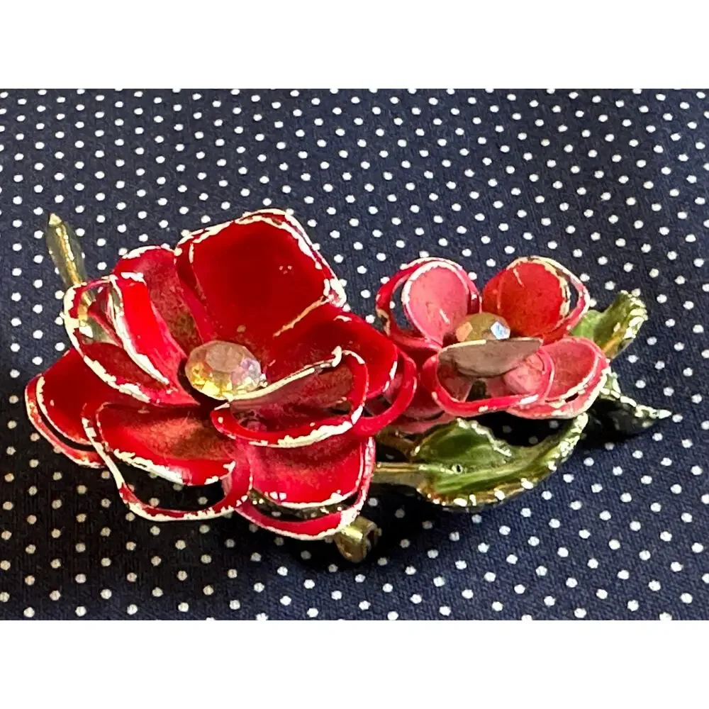 Vintage 3D Vendome Red Enamel Flower Brooch 1960's Esate Piece